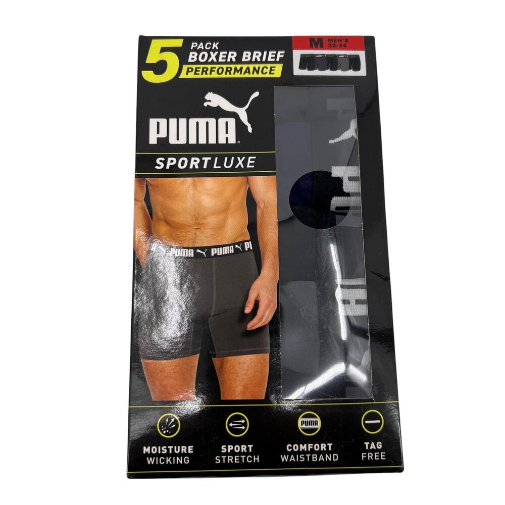 Puma Boxers Briefs Mens M Medium 5 Pack Performance Sport Luxe Moisture Wicking